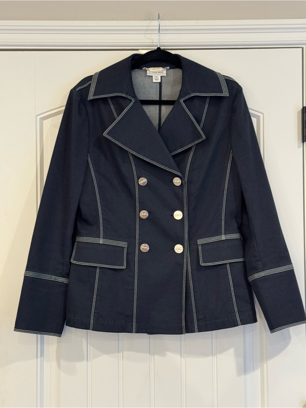 Saint John Sport Navy Double-Breasted Blazer w/White Contrast Stitching Sz M